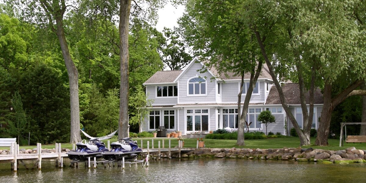 Lake house scene from the water