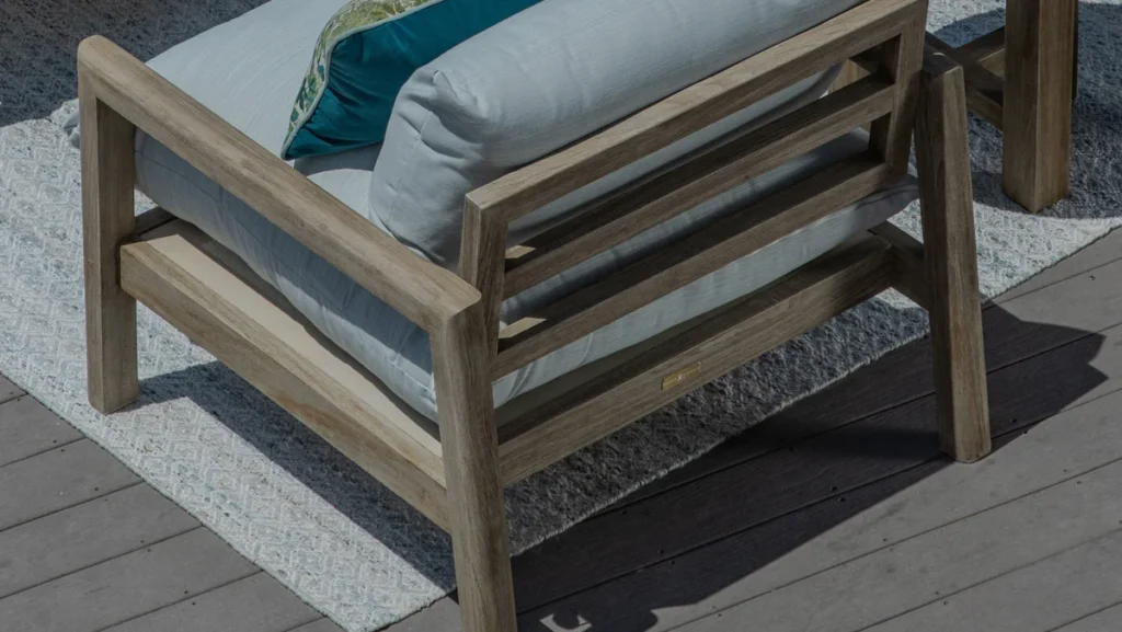Teak outdoor furniture on a dock