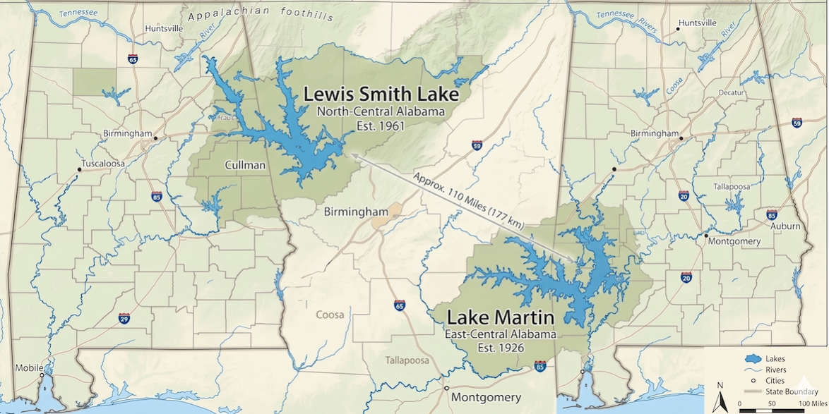 Map with Smith Lake and Lake Martin in Alabama
