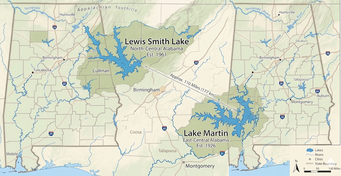 Map with Smith Lake and Lake Martin in Alabama