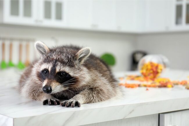 Raccoon lounging in the kitchen