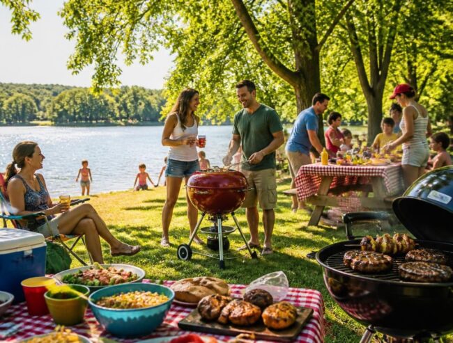 Group enjoying labor day by the lake.
