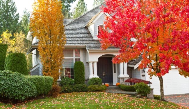 Fall scene with home from front.