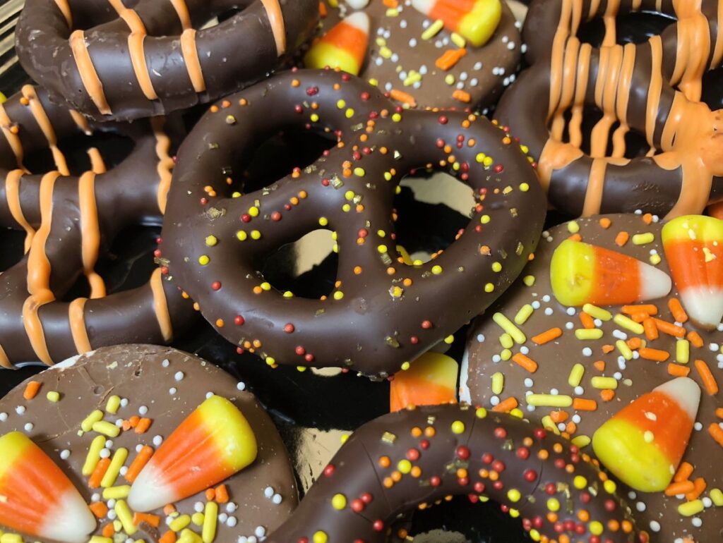 Chocolate covered pretzels and candy corn
