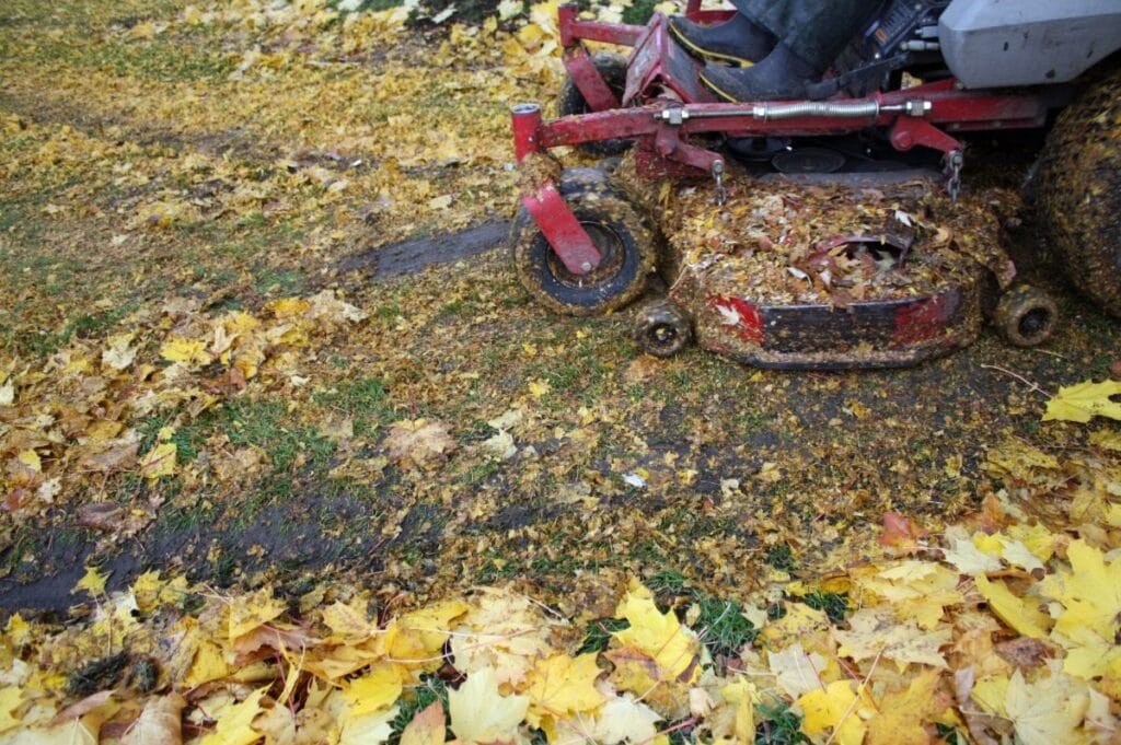 Mower mulching leaves